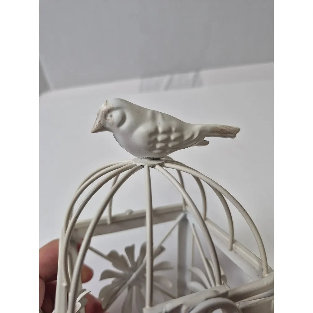 Vintage Shabby Chic White Metal Birdcage Lantern Floral Tea Light Holder 6.5in